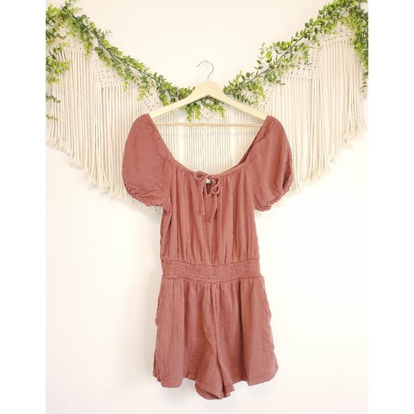 aerie Pants - Aerie Rust Short Puff Sleeve Tie Front Smocked Relaxed Romper, Size Small